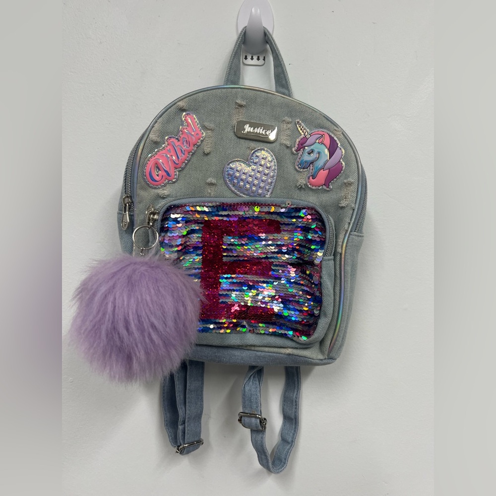 Justice Girls Denim Mini Backpack Flip Sequin Initial E Unicorn Patches